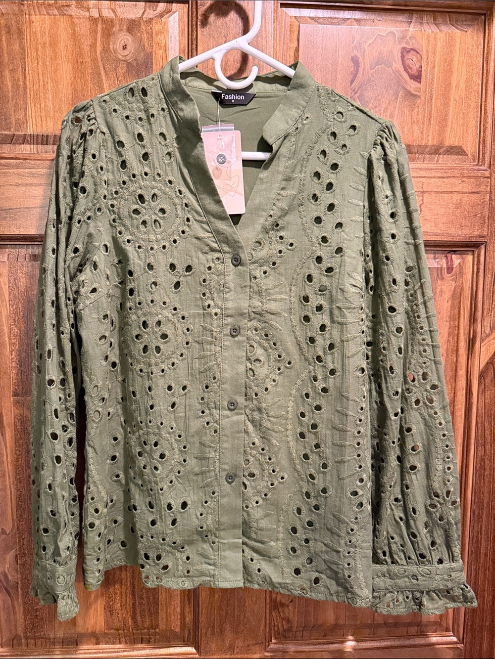 Olive Eyelet Button-Front Blouse